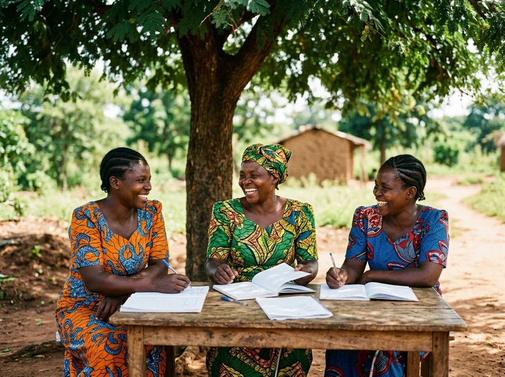Illustrative scene of women sharing ideas around an outdoor table